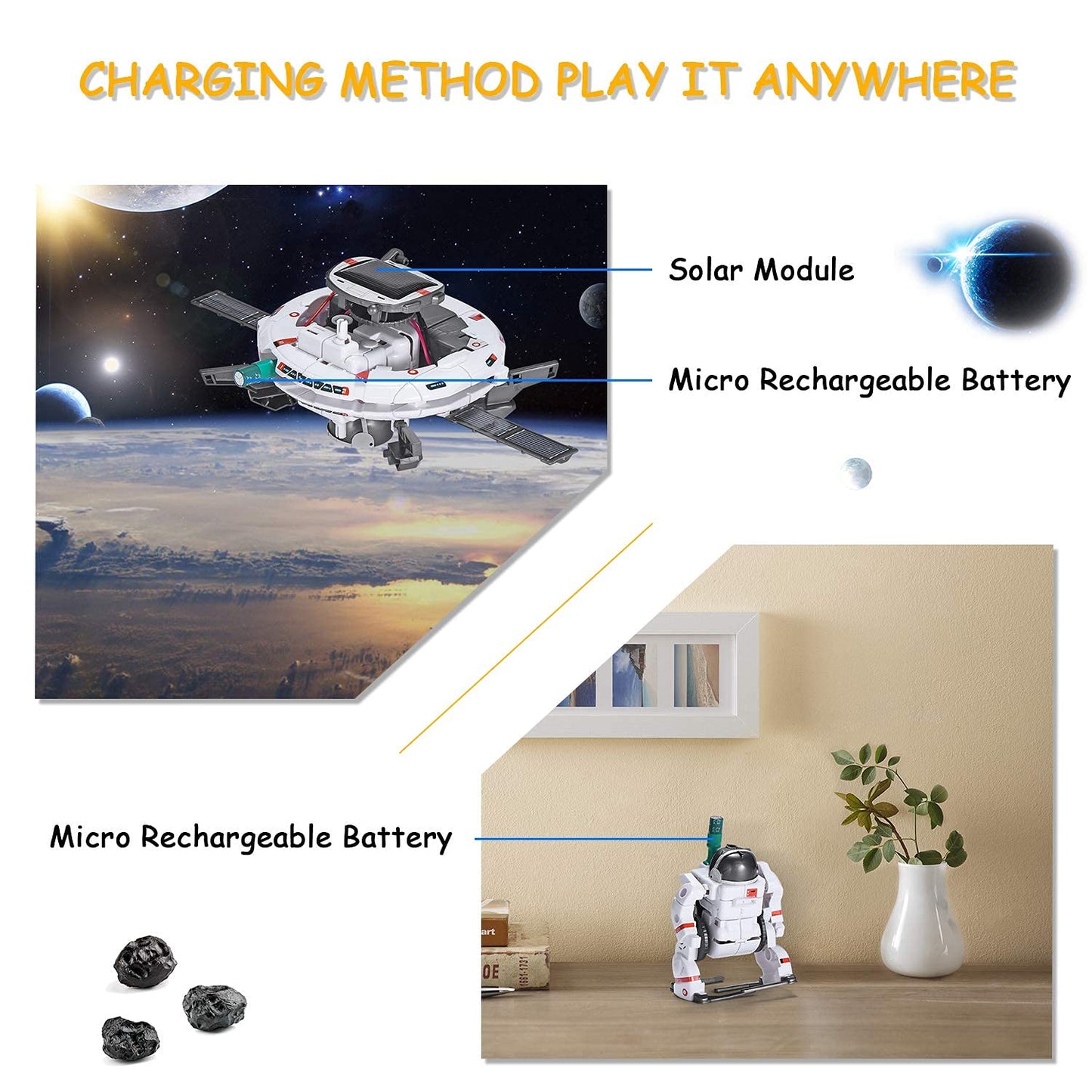 Detailed view of the mini solar panel and motor parts included in the AESGOGO six in one science kit.