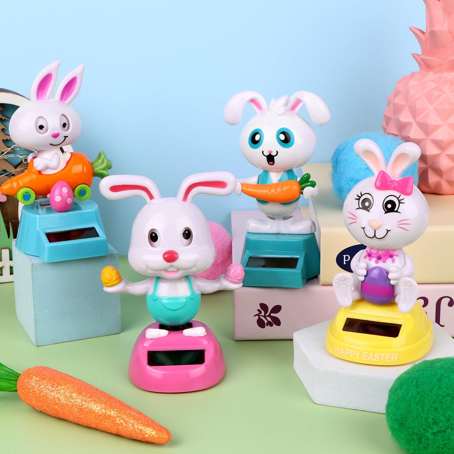Side profile of the eco friendly swinging rabbit figurines showing the lightweight ABS plastic structure