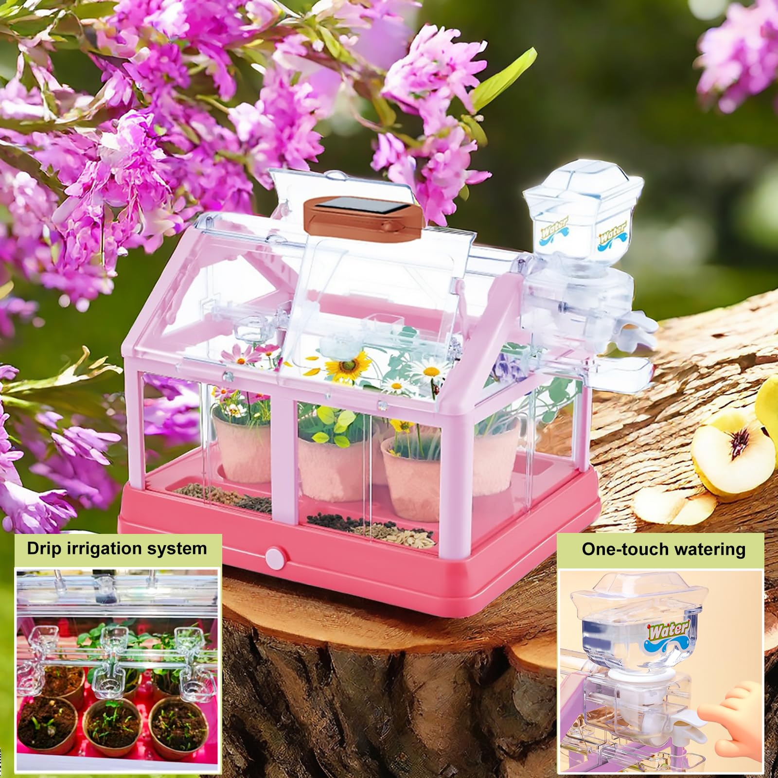 EXBEPE kids greenhouse growing set displaying integrated drip irrigation water tank