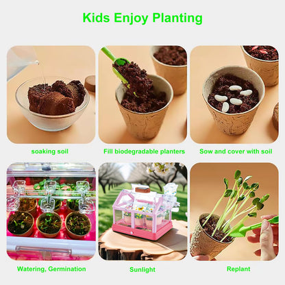 EXBEPE solar powered living greenhouse showing children tracking seed germination progress