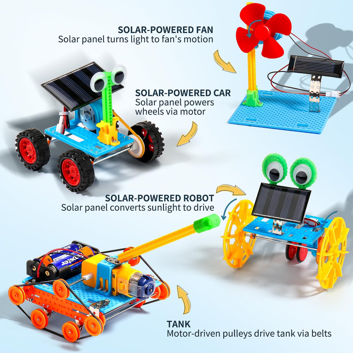 WESAYEE 4-in-1 robotics set showcasing the assembled solar powered car model layout.