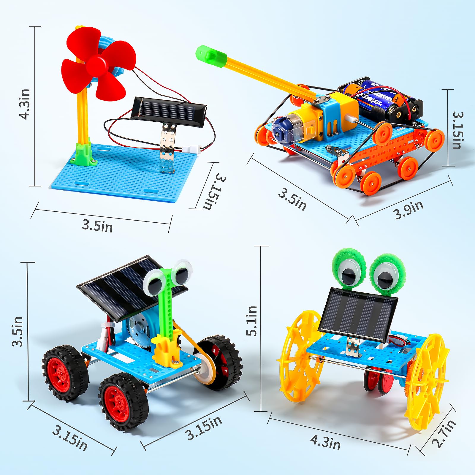 Close-up of the electric motor, solar panel, and gear assembly parts included in the science toy kit.