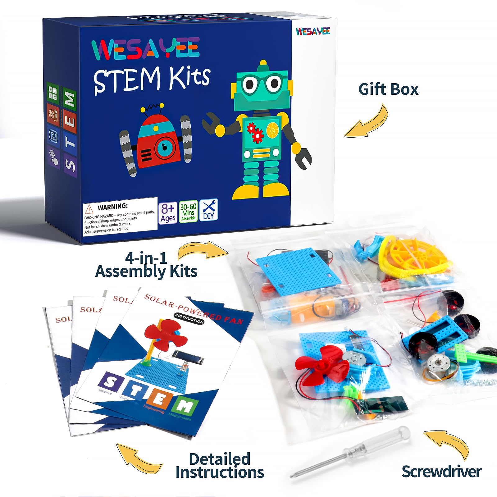 WESAYEE engineering experiments kit showing children building a robotic project.