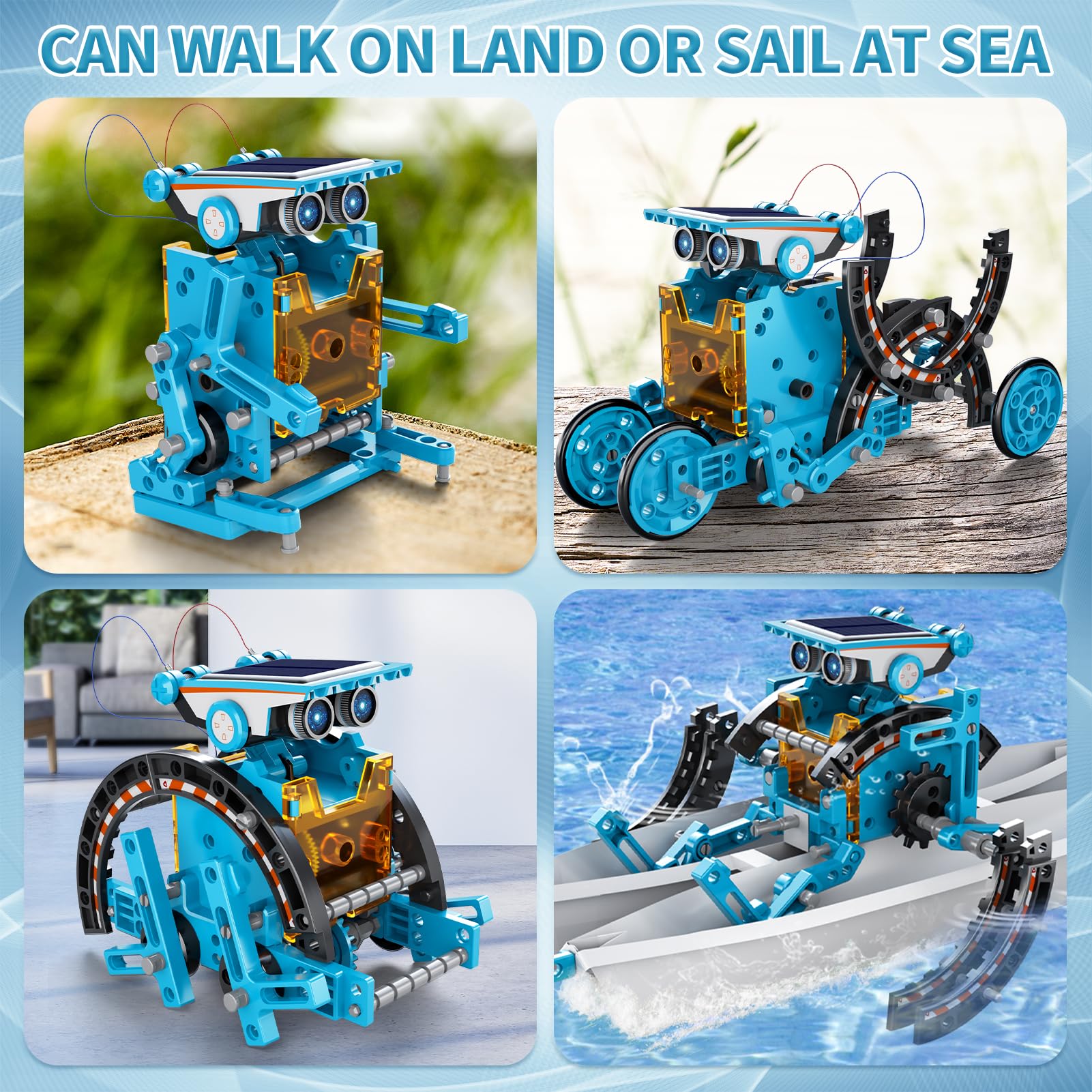 Twelve different assembled robot models including crawling insects and wheeled rovers made from the STEM science toy parts.
