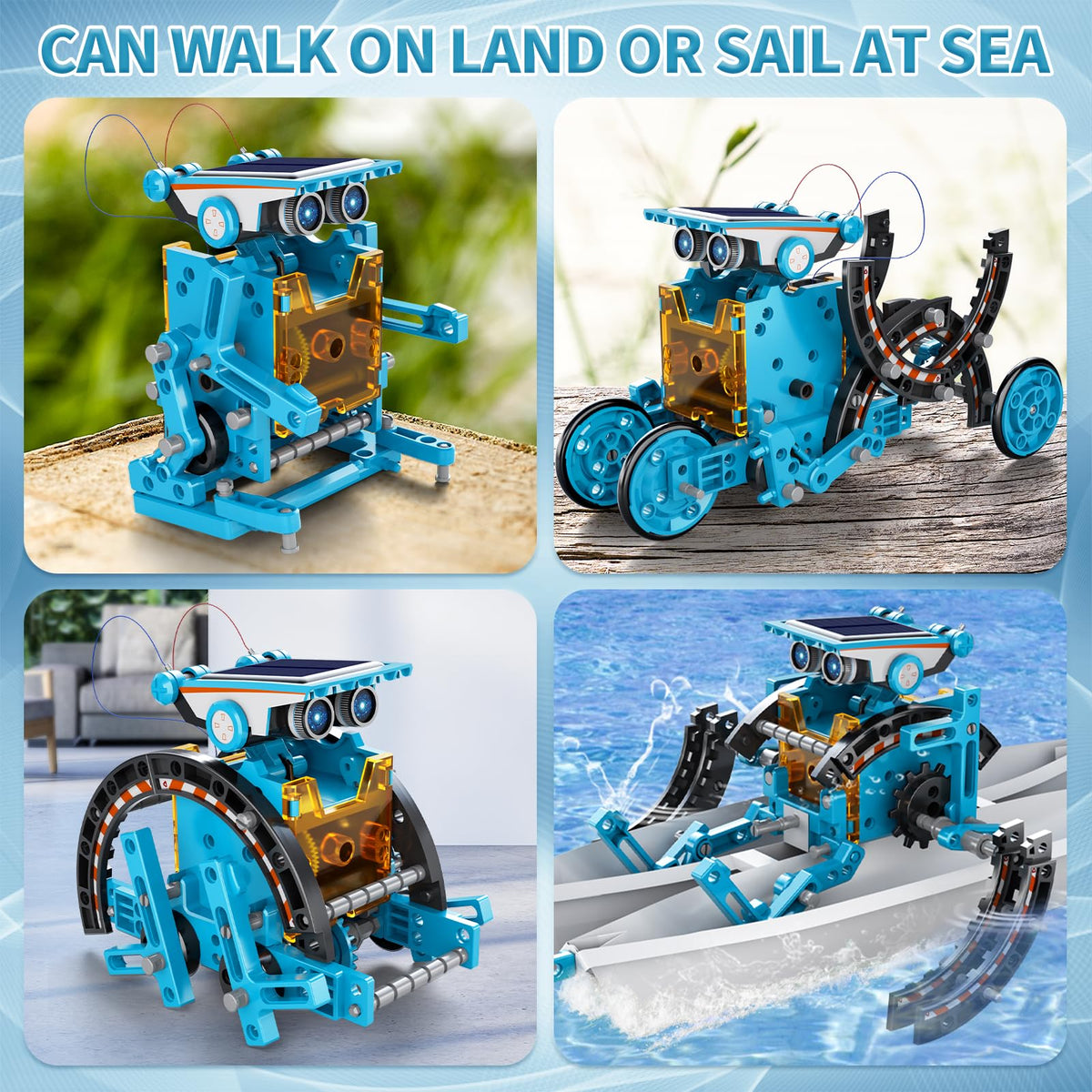Twelve different assembled robot models including crawling insects and wheeled rovers made from the STEM science toy parts.