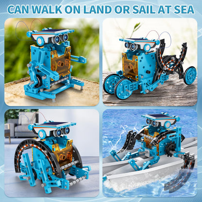 Twelve different assembled robot models including crawling insects and wheeled rovers made from the STEM science toy parts.