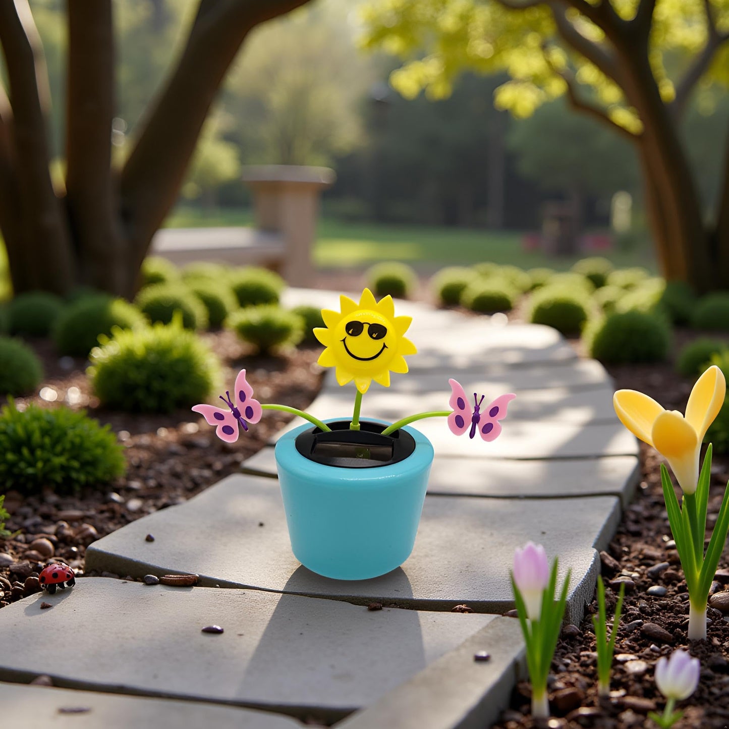 Cute sunflower toy with insect details swaying in natural sunlight