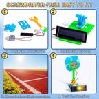 Assembled solar powered fan model with blue base and yellow propeller blades running on clean energy