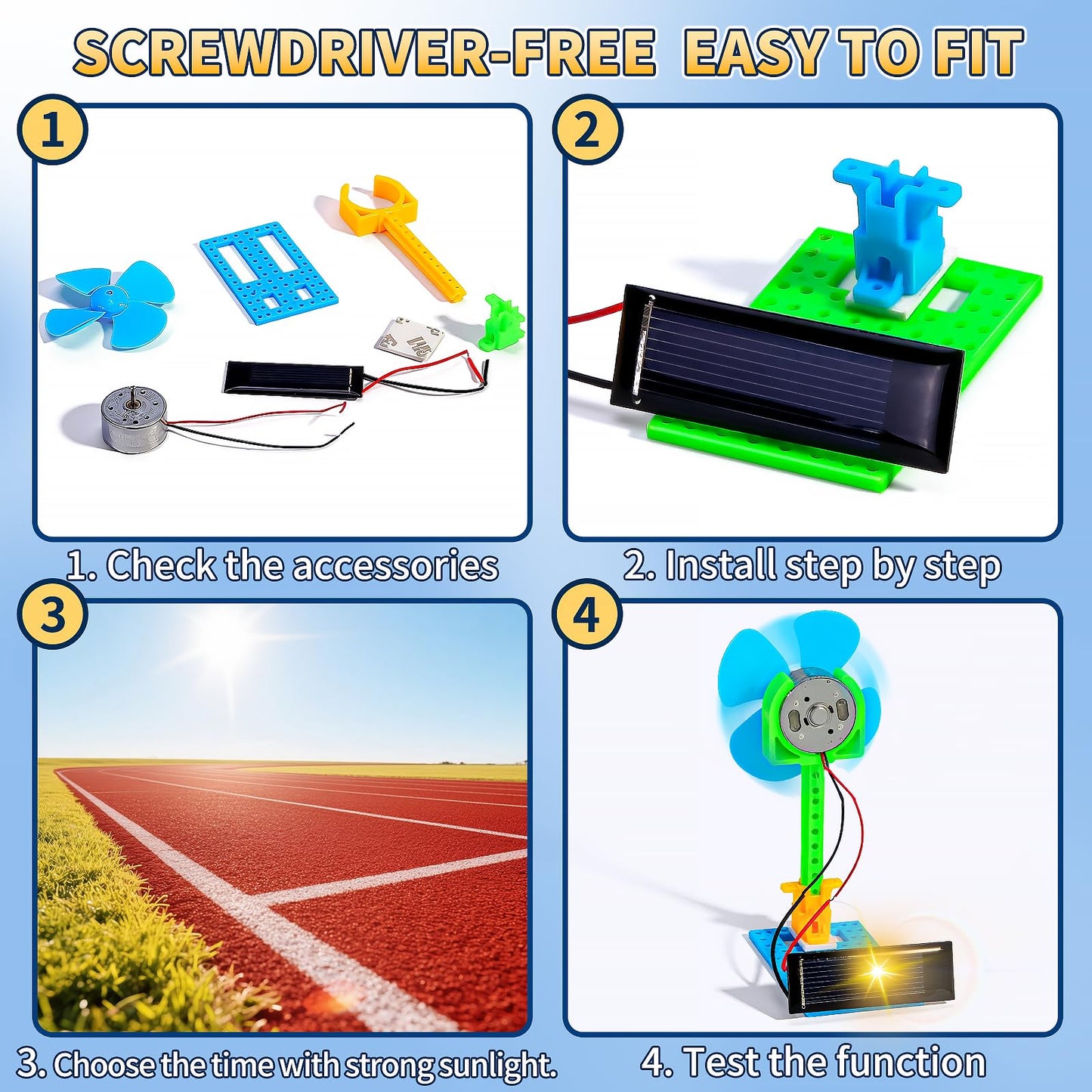 Assembled solar powered fan model with blue base and yellow propeller blades running on clean energy