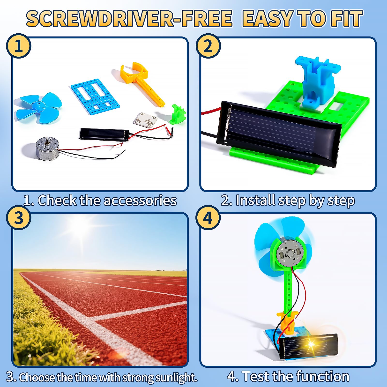 Assembled solar powered fan model with blue base and yellow propeller blades running on clean energy