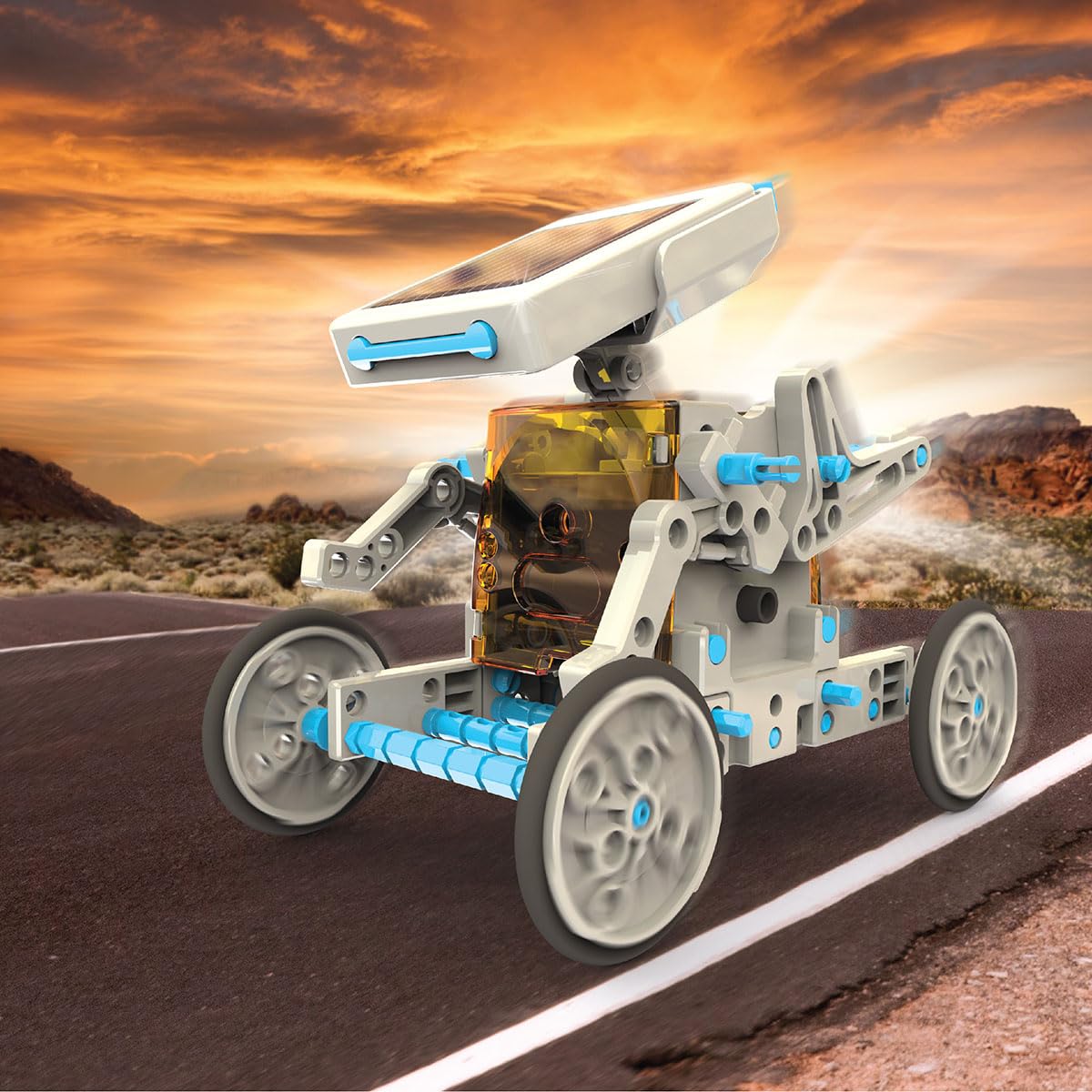 Discovery Mindblown 197 piece solar vehicle building set components spread out showing gears and solar panel module.