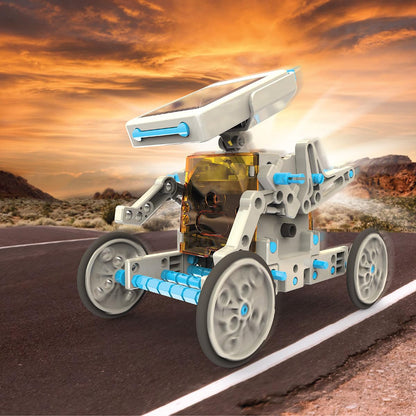 Discovery Mindblown 197 piece solar vehicle building set components spread out showing gears and solar panel module.