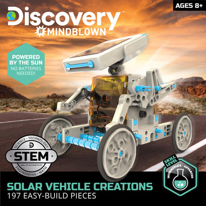 Assembled walking robot creation from Discovery solar science set operating outdoors under direct sunlight.