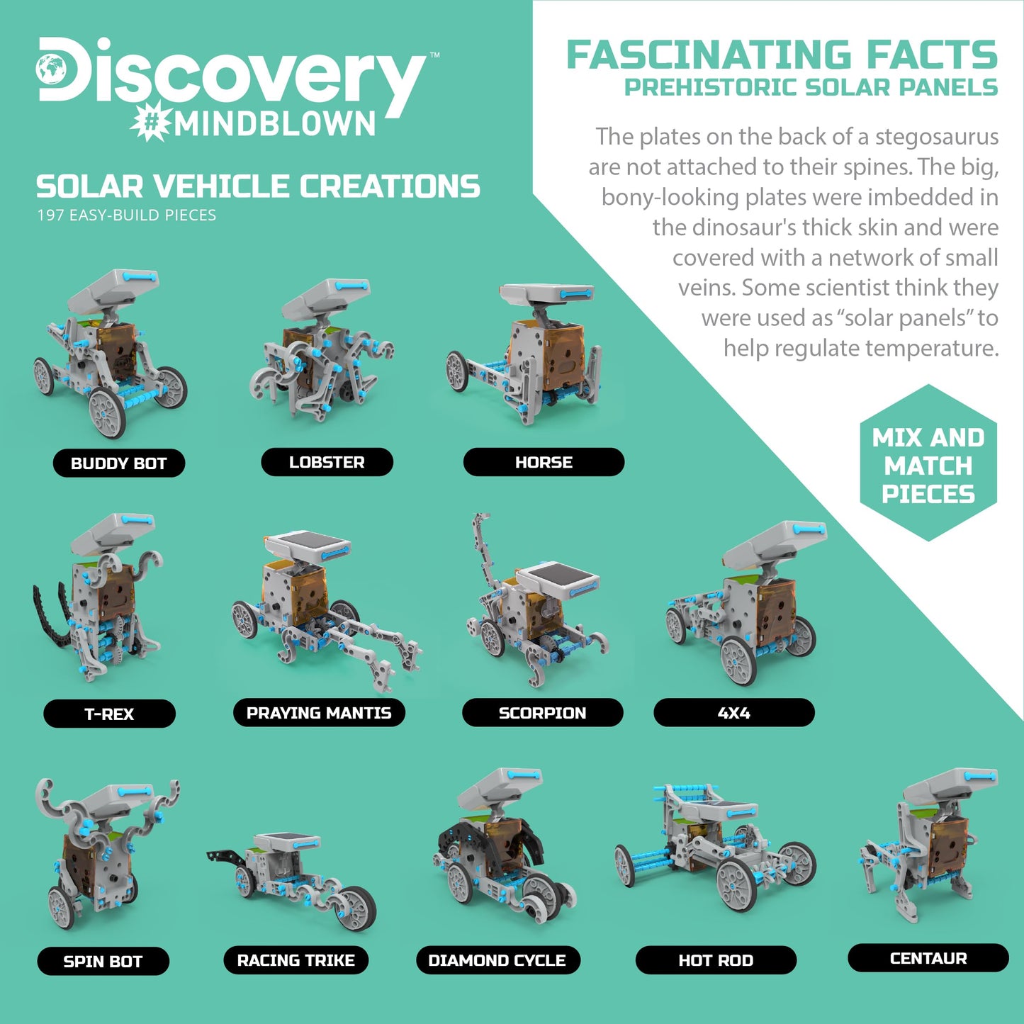 Assembled rolling rover robot design built from the Discovery Mindblown twelve in one engineering set.