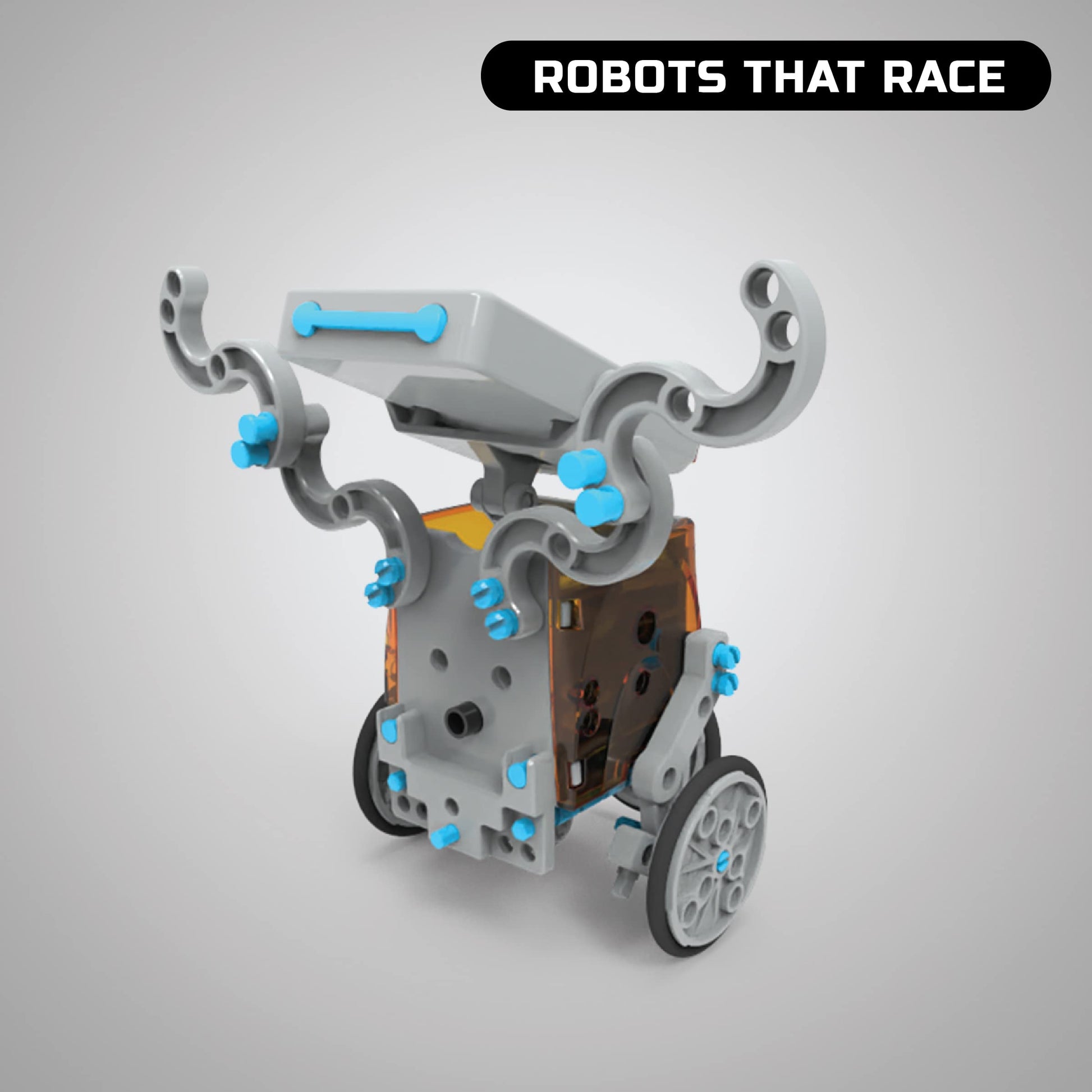 Side view of Discovery Mindblown robot construction set box highlighting battery free STEM certification.