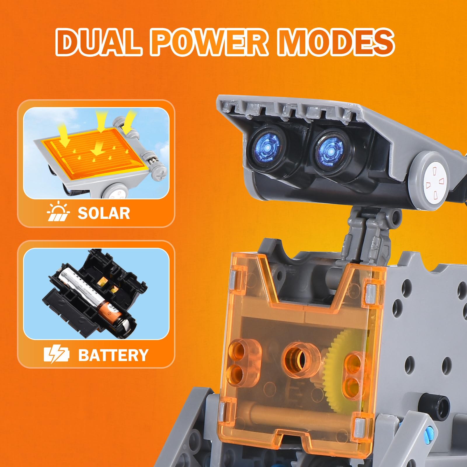 Close up view of the included photovoltaic solar panel connected to the internal mechanical gear motor.