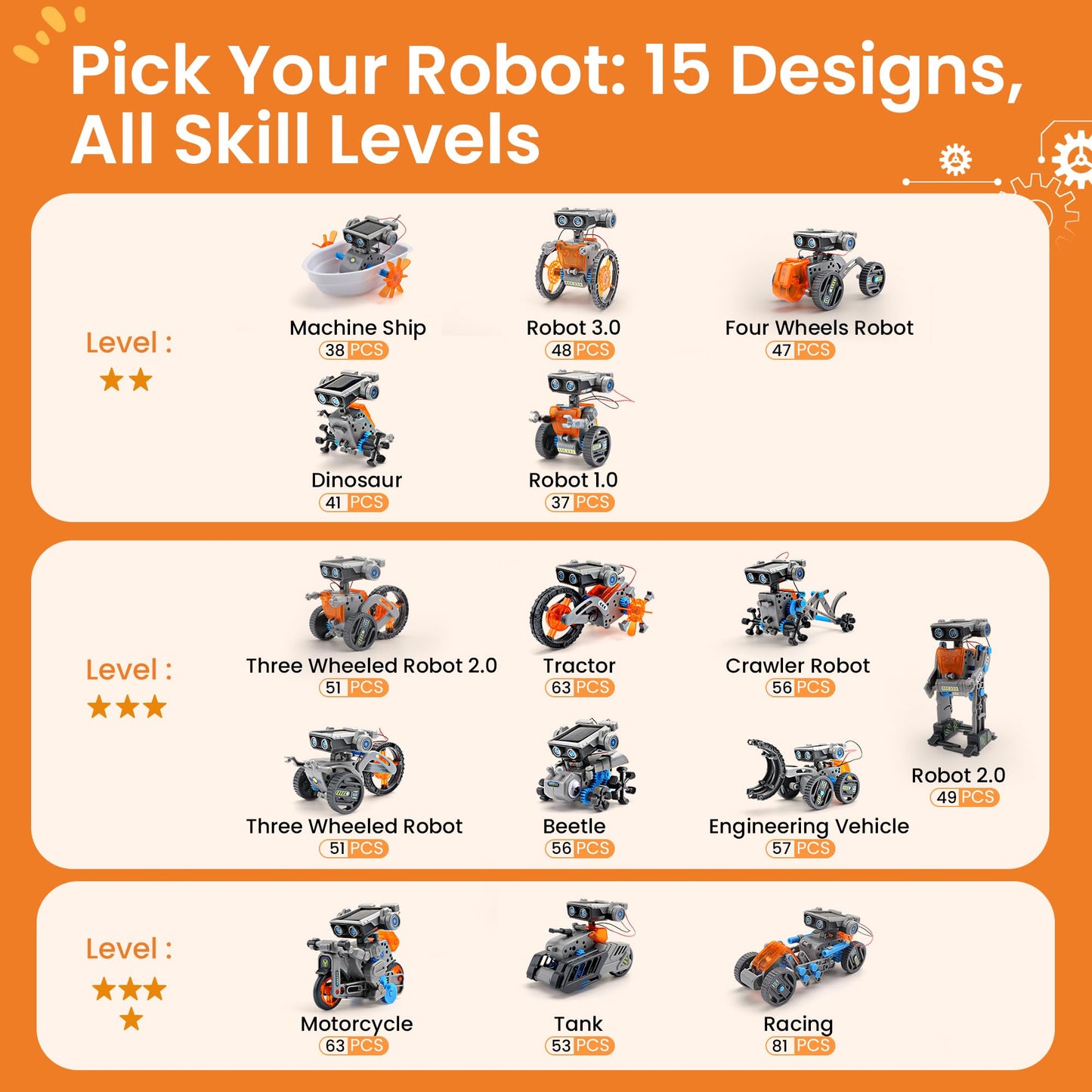 Sillbird STEM building toy booklet displaying the detailed step by step assembly diagrams for the beginner level robot variations.