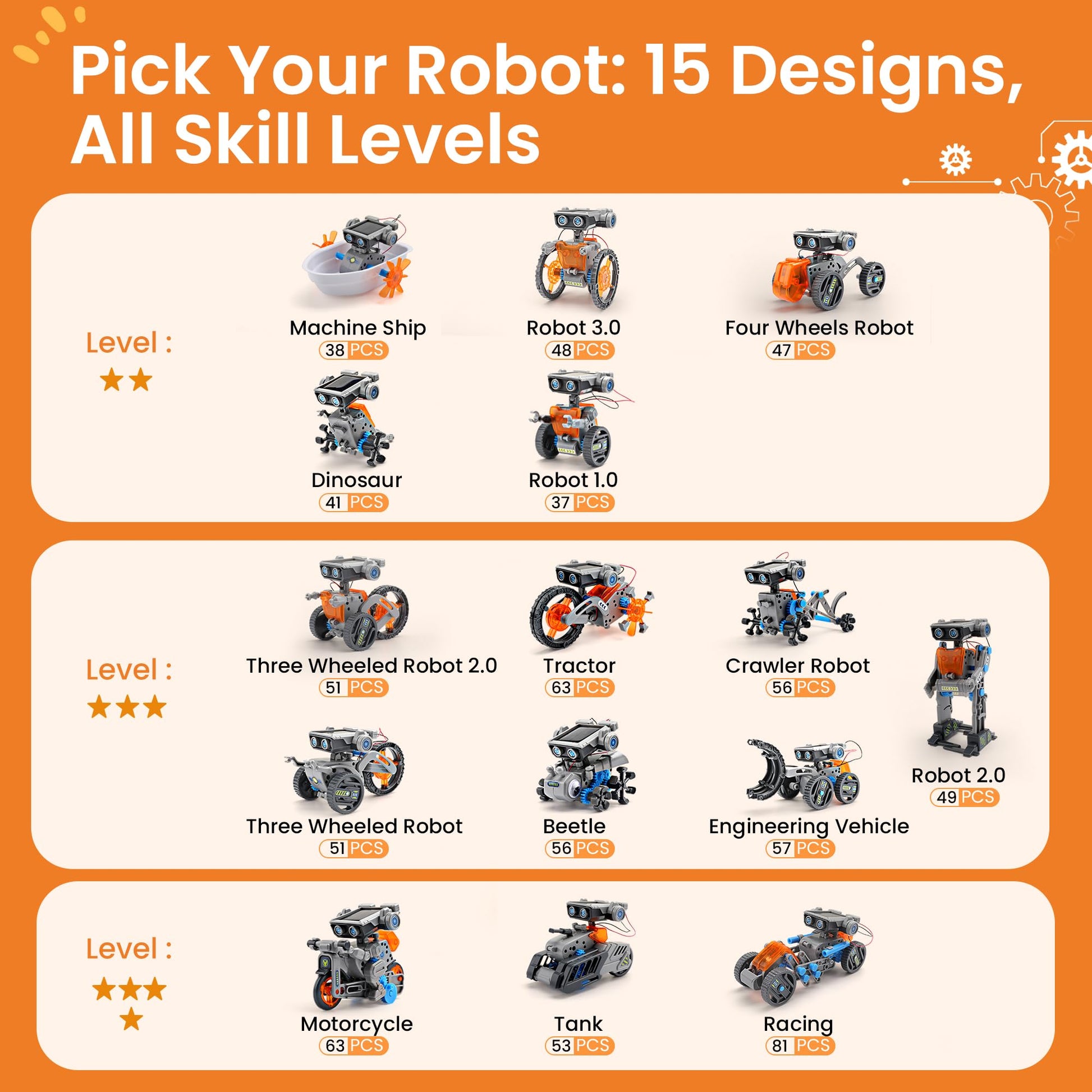 Sillbird STEM building toy booklet displaying the detailed step by step assembly diagrams for the beginner level robot variations.