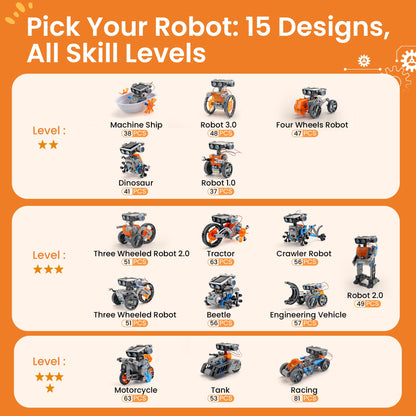 Sillbird STEM building toy booklet displaying the detailed step by step assembly diagrams for the beginner level robot variations.