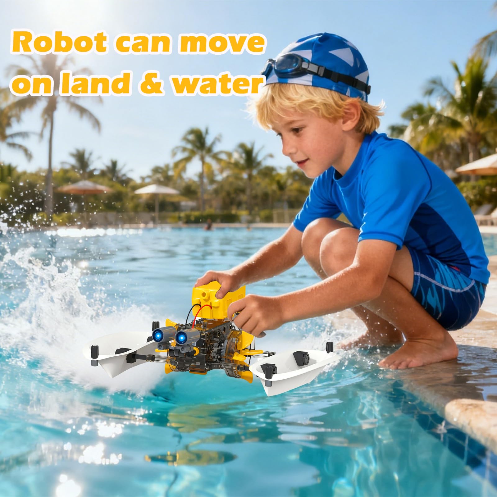 Assembled motorized puppy robot model from the Hechify construction set walking outdoors under direct sunlight exposure