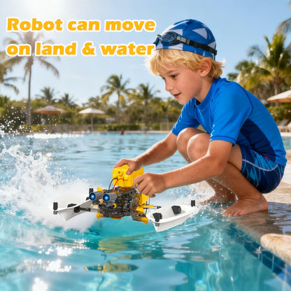 Assembled motorized puppy robot model from the Hechify construction set walking outdoors under direct sunlight exposure