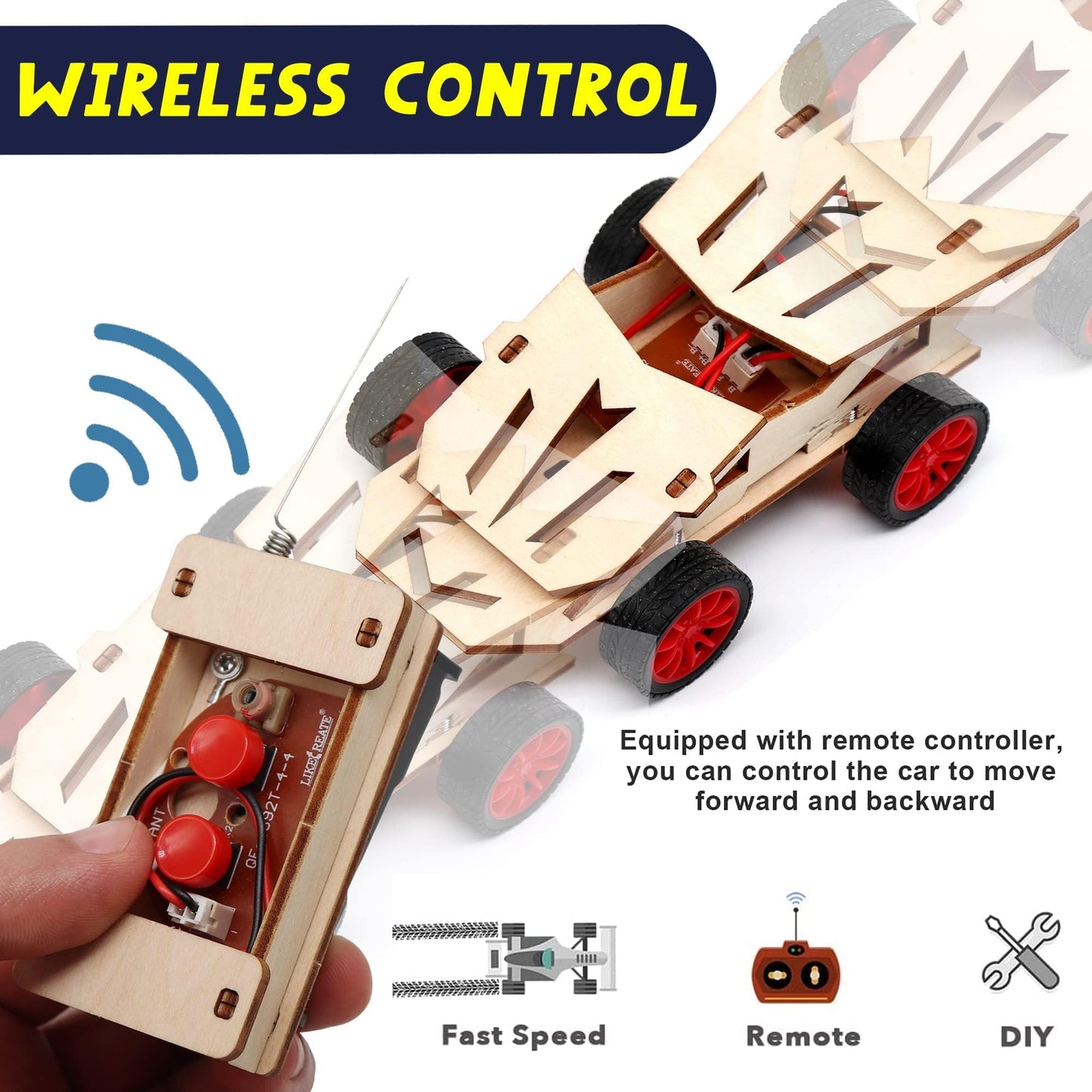 CYOEST wooden engineering toy displaying unassembled basswood pieces and miniature motor components