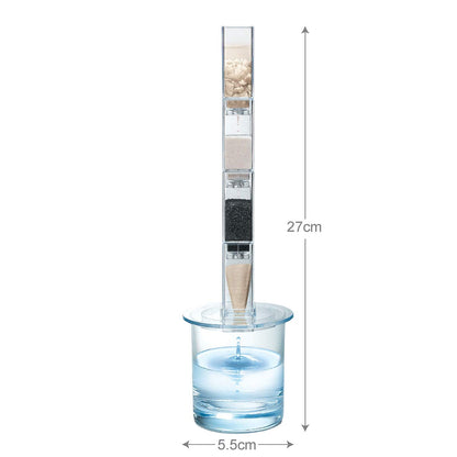 Assembled plastic water filtration towers showing sand gravel and carbon layers filtering water.