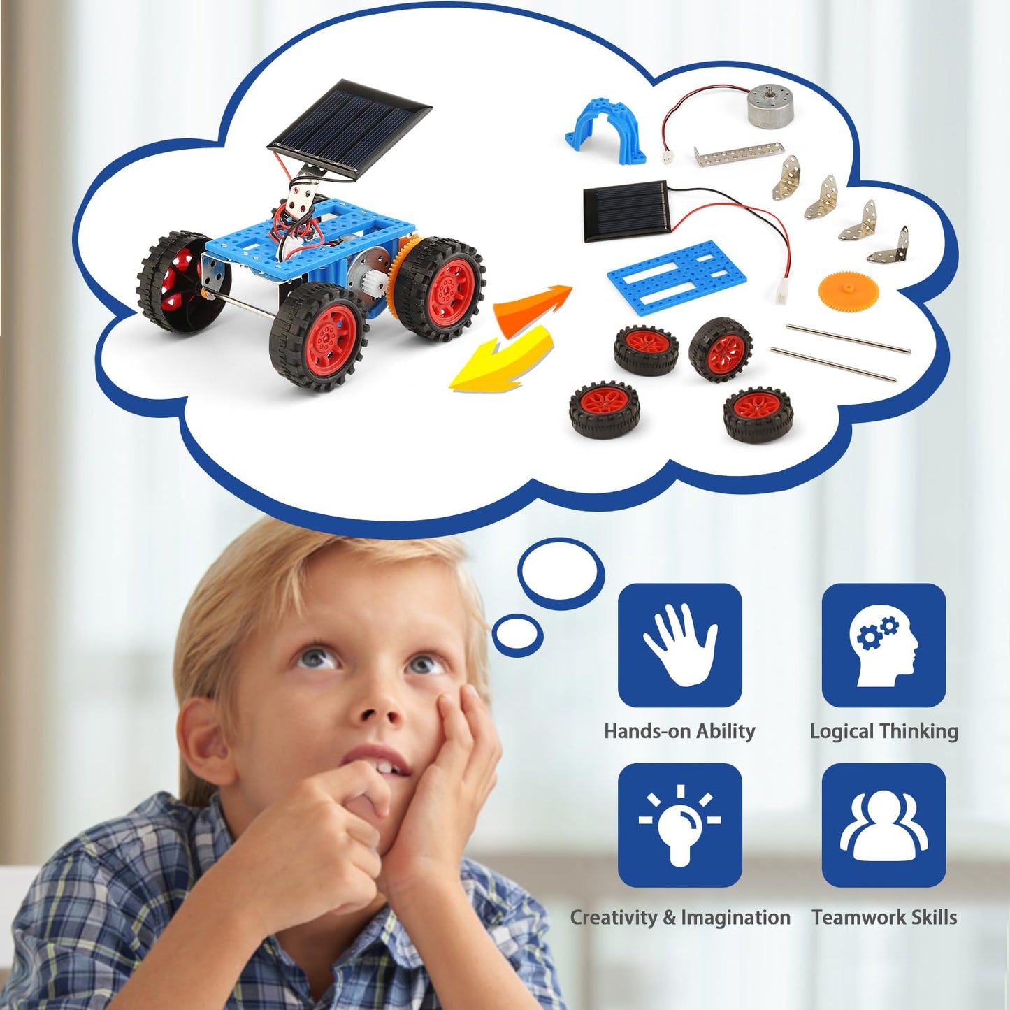BeAndge educational science project package displaying miniature solar panels and DC motors included in the kit.