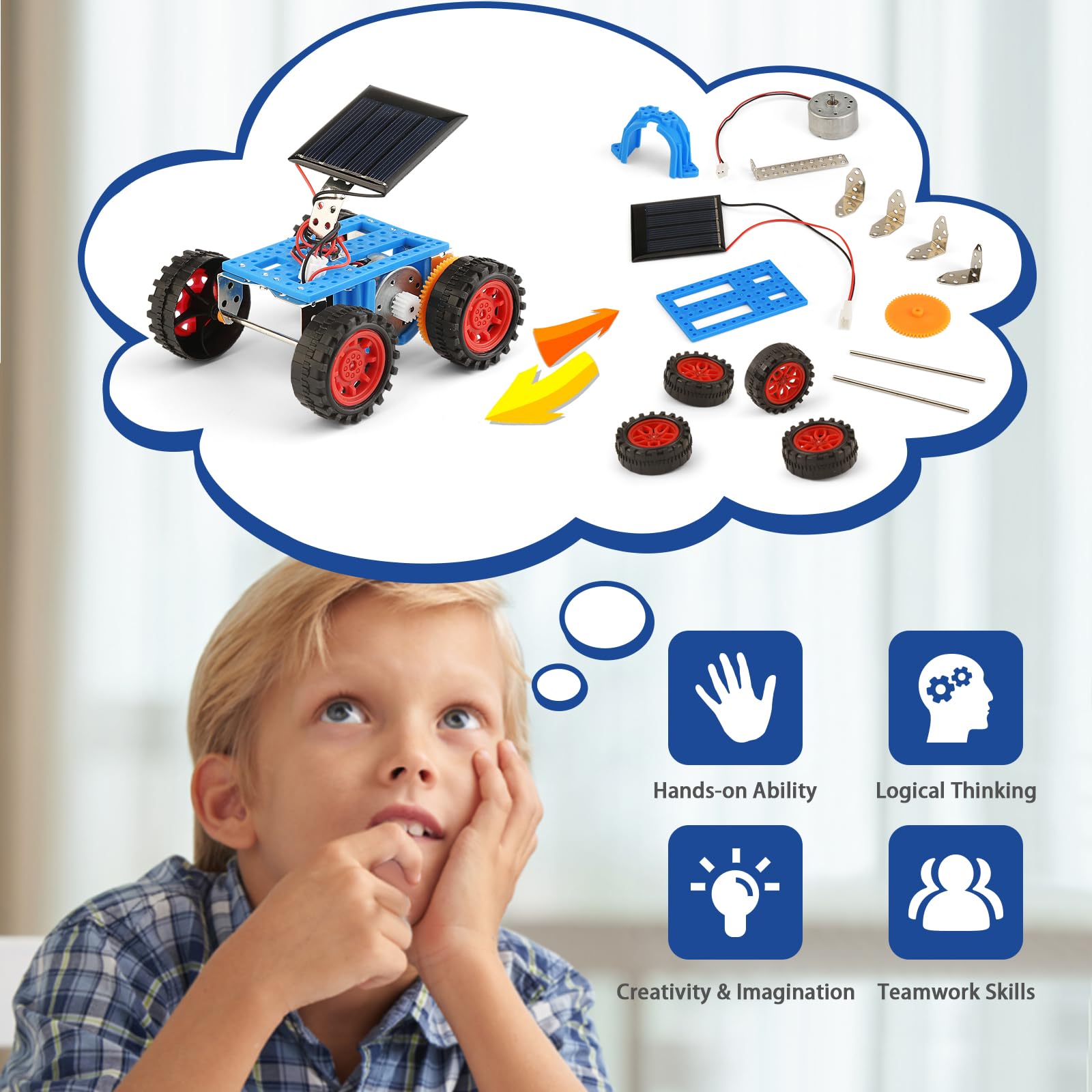 BeAndge educational science project package displaying miniature solar panels and DC motors included in the kit.