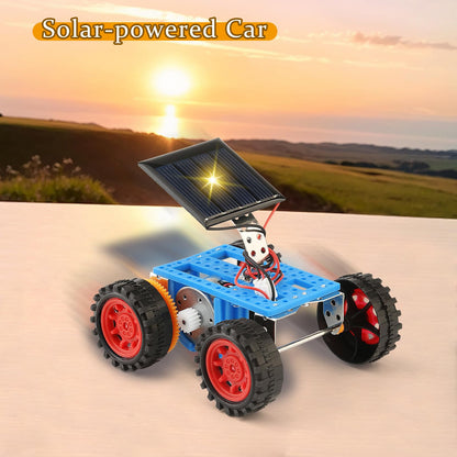 Close up view of a child assembling a solar powered car using the provided mini screwdriver tool.