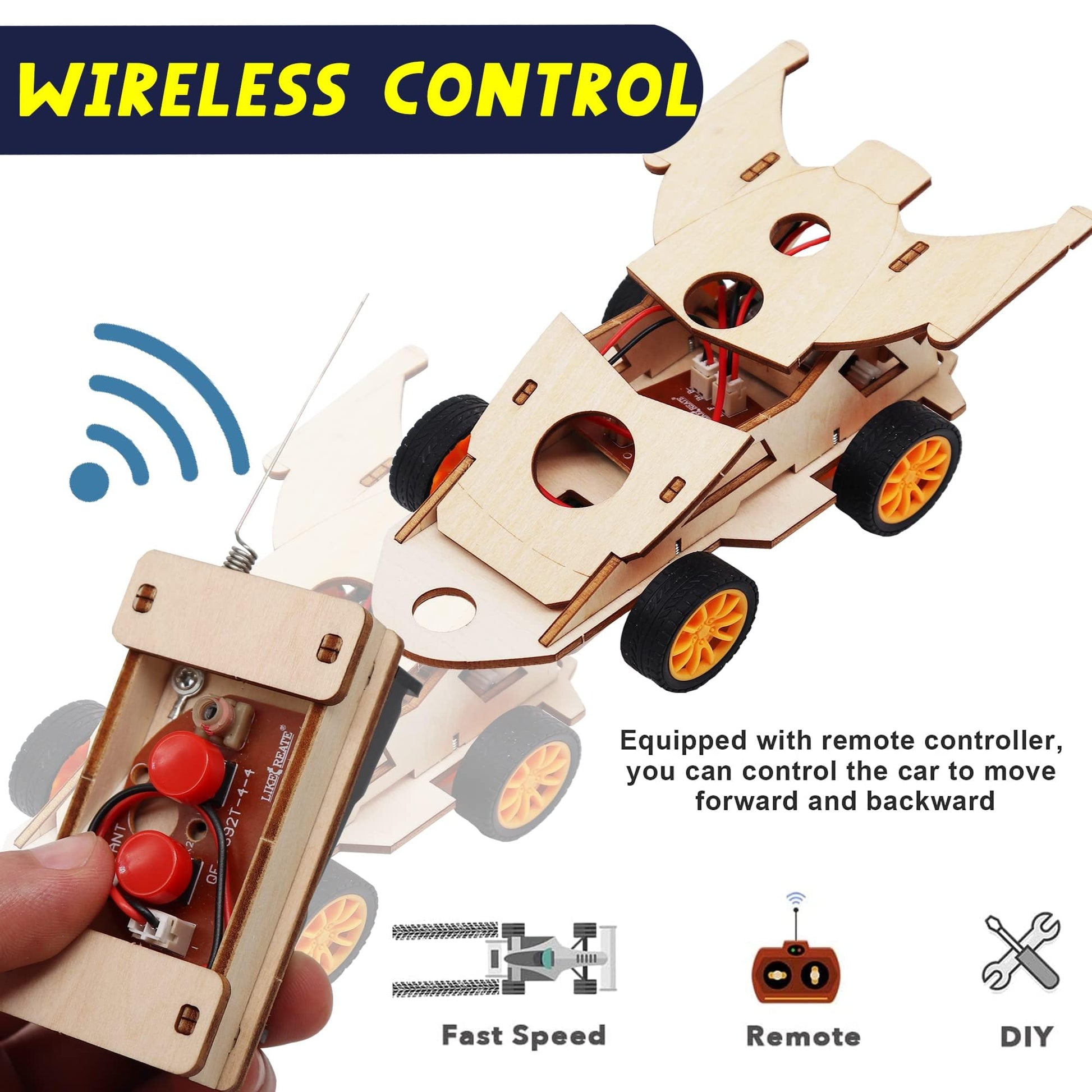 Close up view of the solder-free electronic wiring connectors inside the wooden car chassis