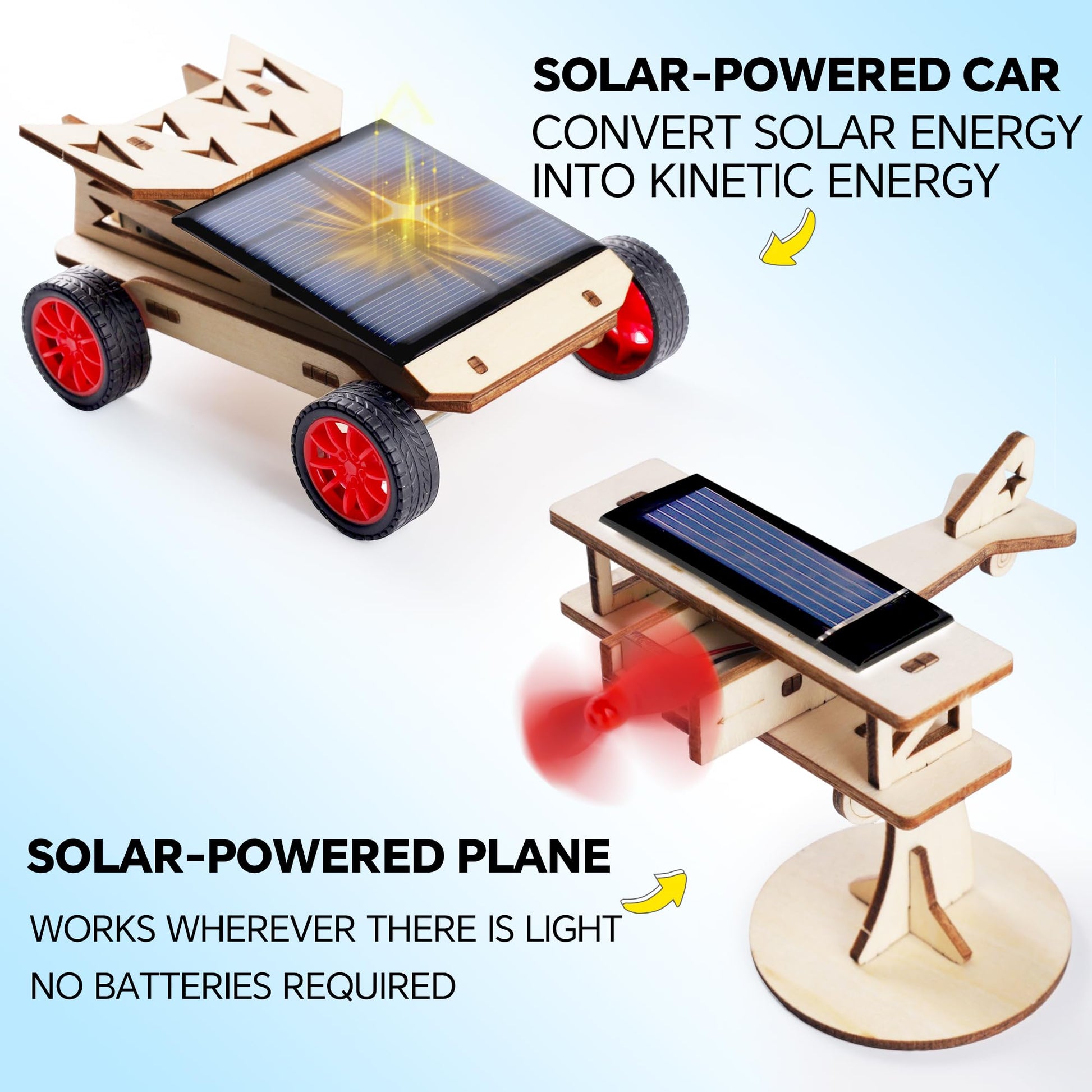 CYOEST DIY science experiment project kit featuring four assembled wooden models including the solar airplane and racing car.