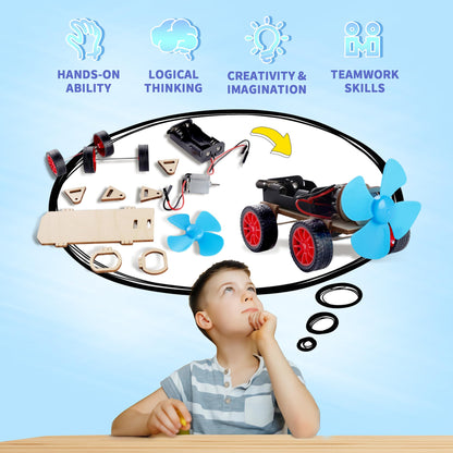 CYOEST wind power vehicle and electric fan models demonstrating basic physics and circuit connections.
