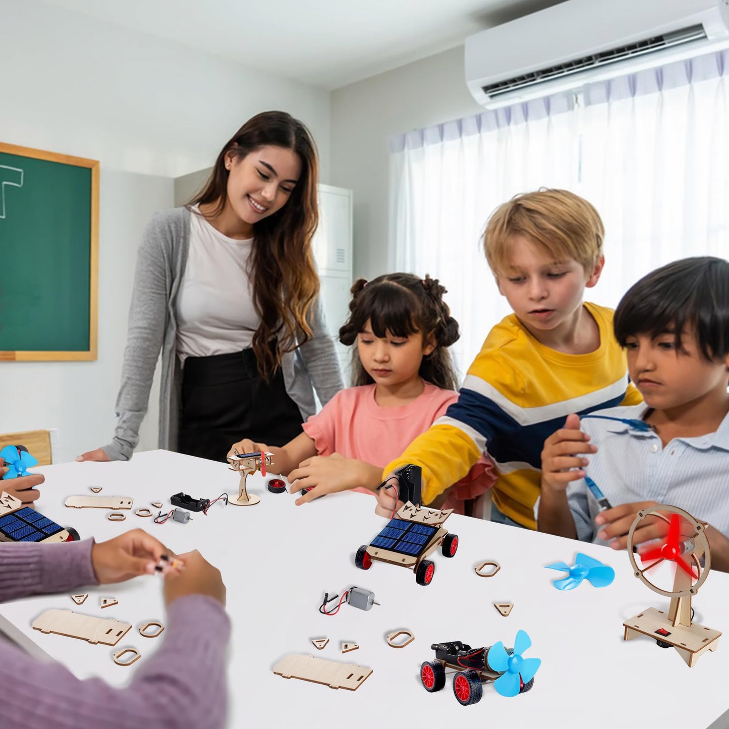 Children assembling the authentic USA imported CYOEST renewable energy engineering kit for a school science project.