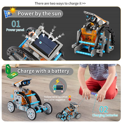 Step by step educational instruction manual laid out next to robot components.