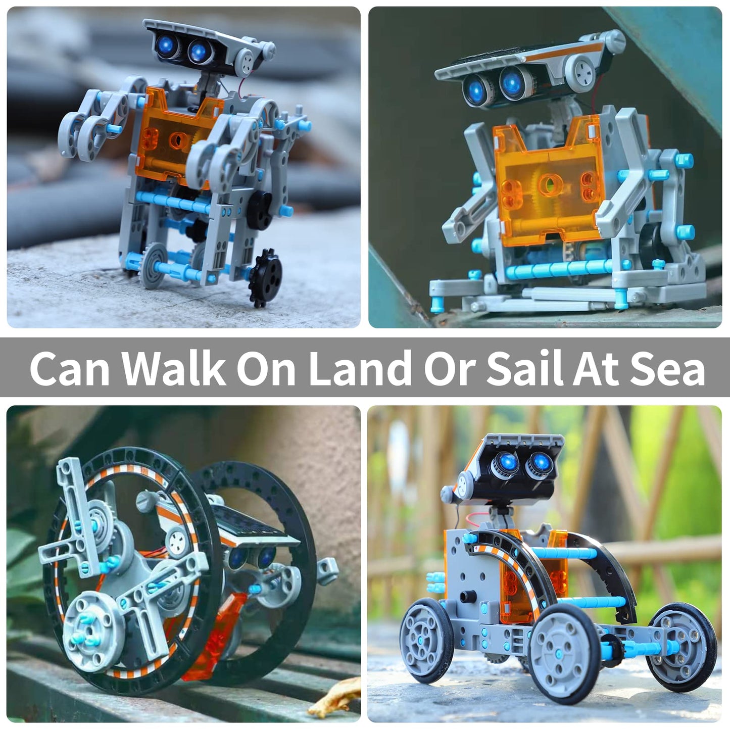 Assembled solar powered robot floating on water demonstrating amphibious capabilities.