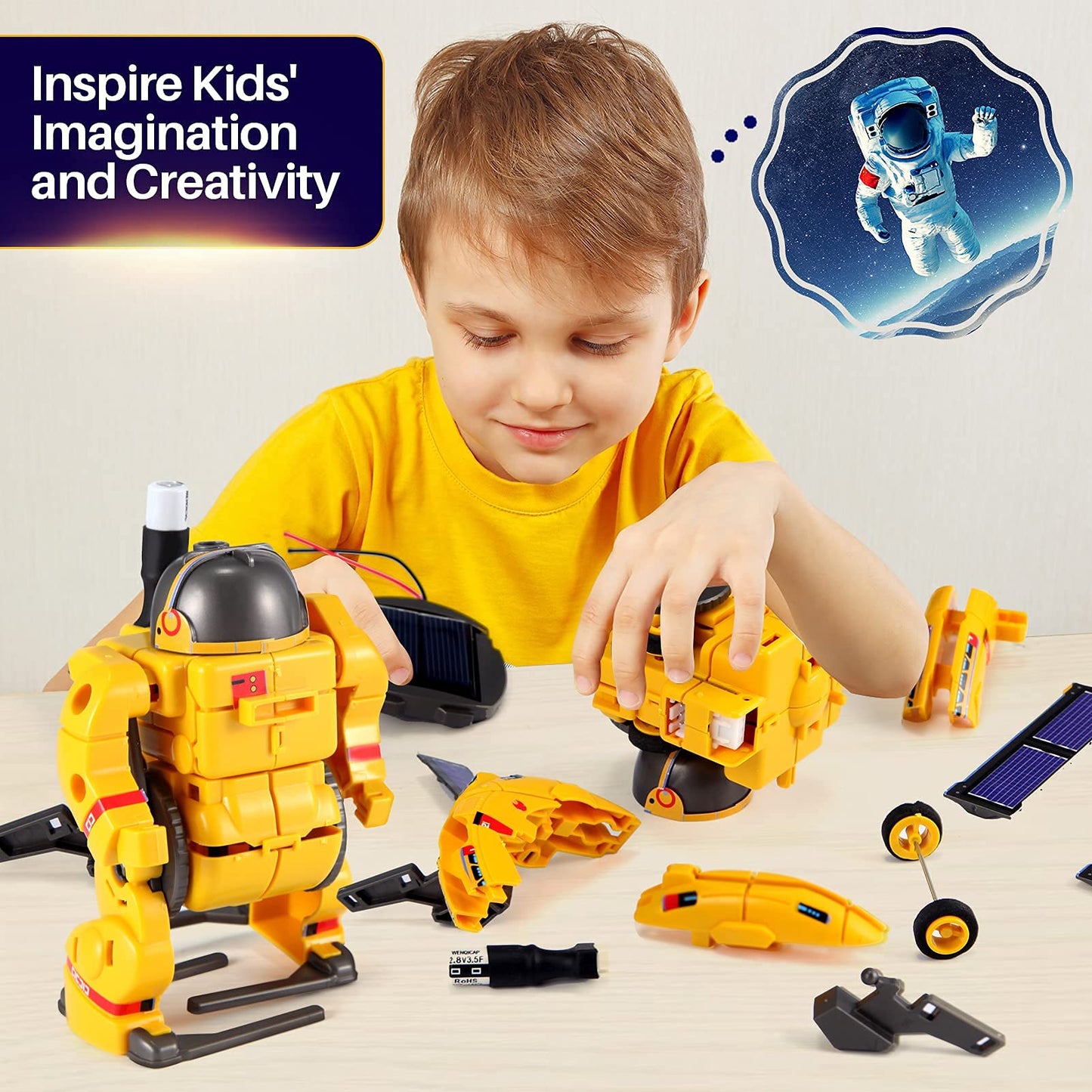 Child following the clear step-by-step instruction manual to assemble the COBFDHA solar space dog robot