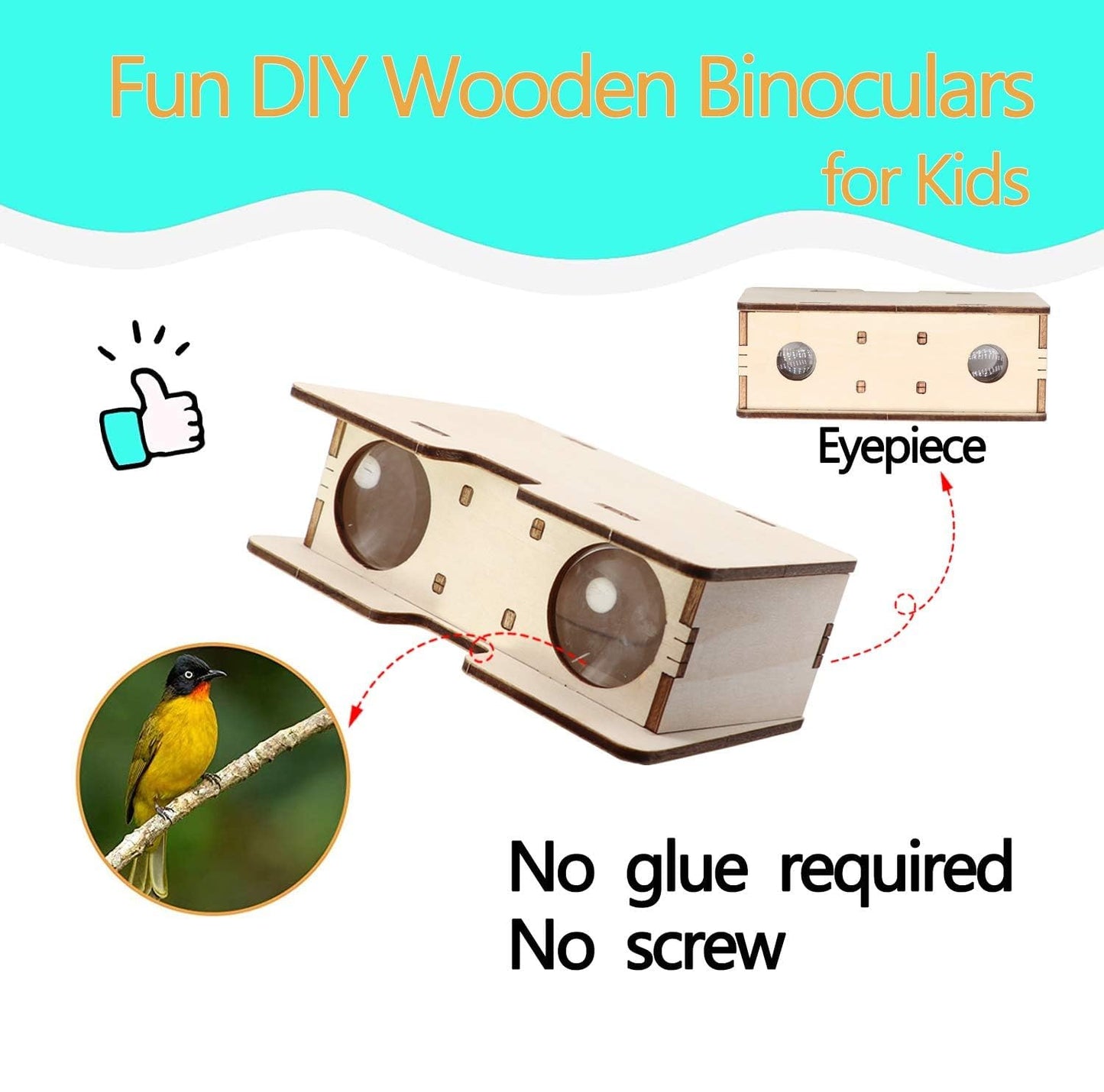 Handheld wooden toy binoculars project showcasing the functional optical magnifying lenses installed.