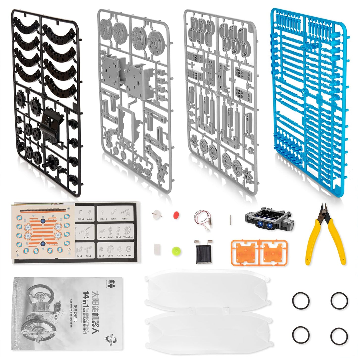 Complete kit contents including premium ABS plastic parts, solar panel, and assembly instructions manual