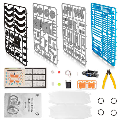 Complete kit contents including premium ABS plastic parts, solar panel, and assembly instructions manual