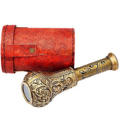 Premium nautical home decor setup featuring a vintage brass monocular telescope on a living room shelf.
