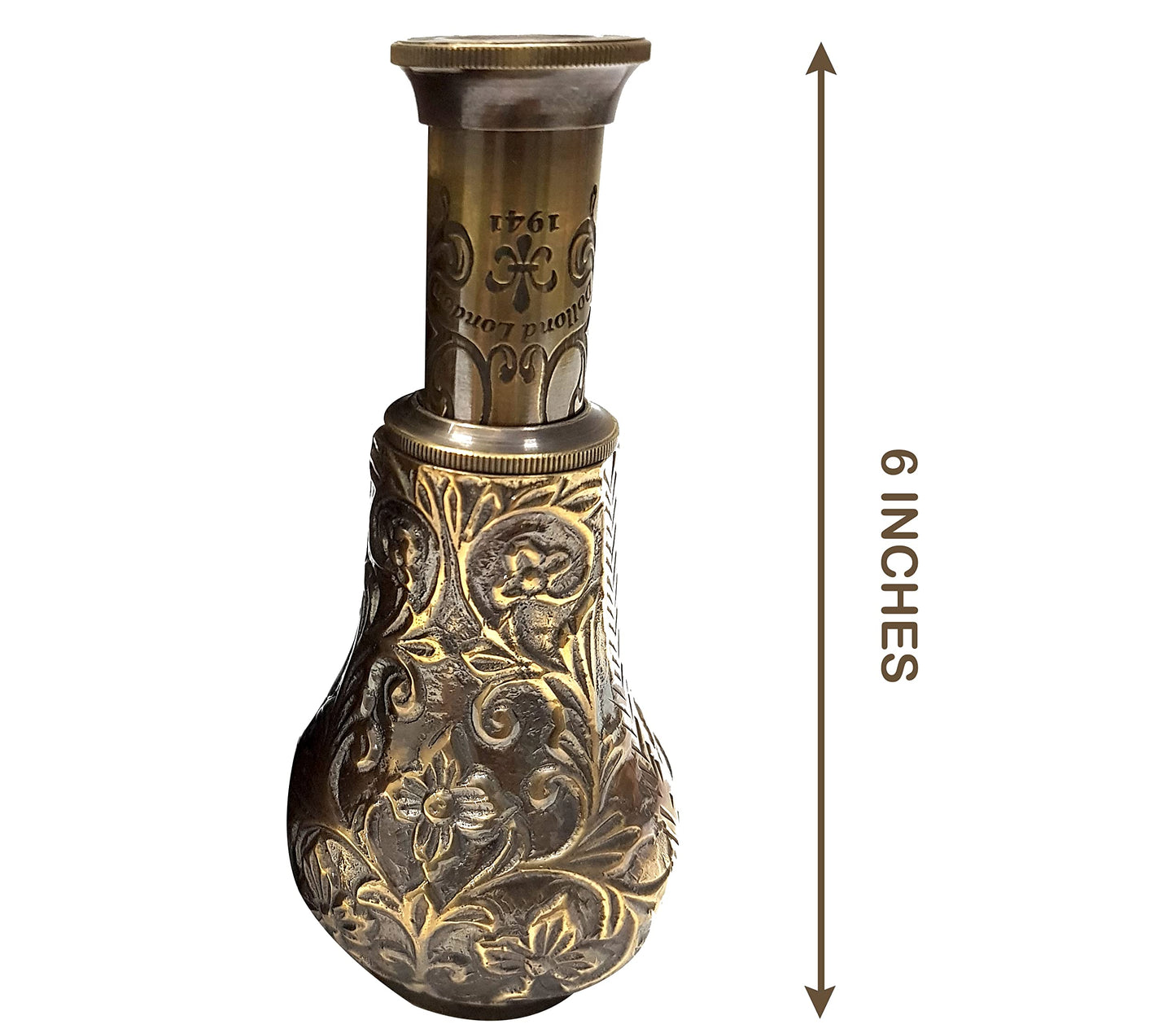 Compact 270 gram antique look brass spyglass being held to demonstrate portable size and weight.