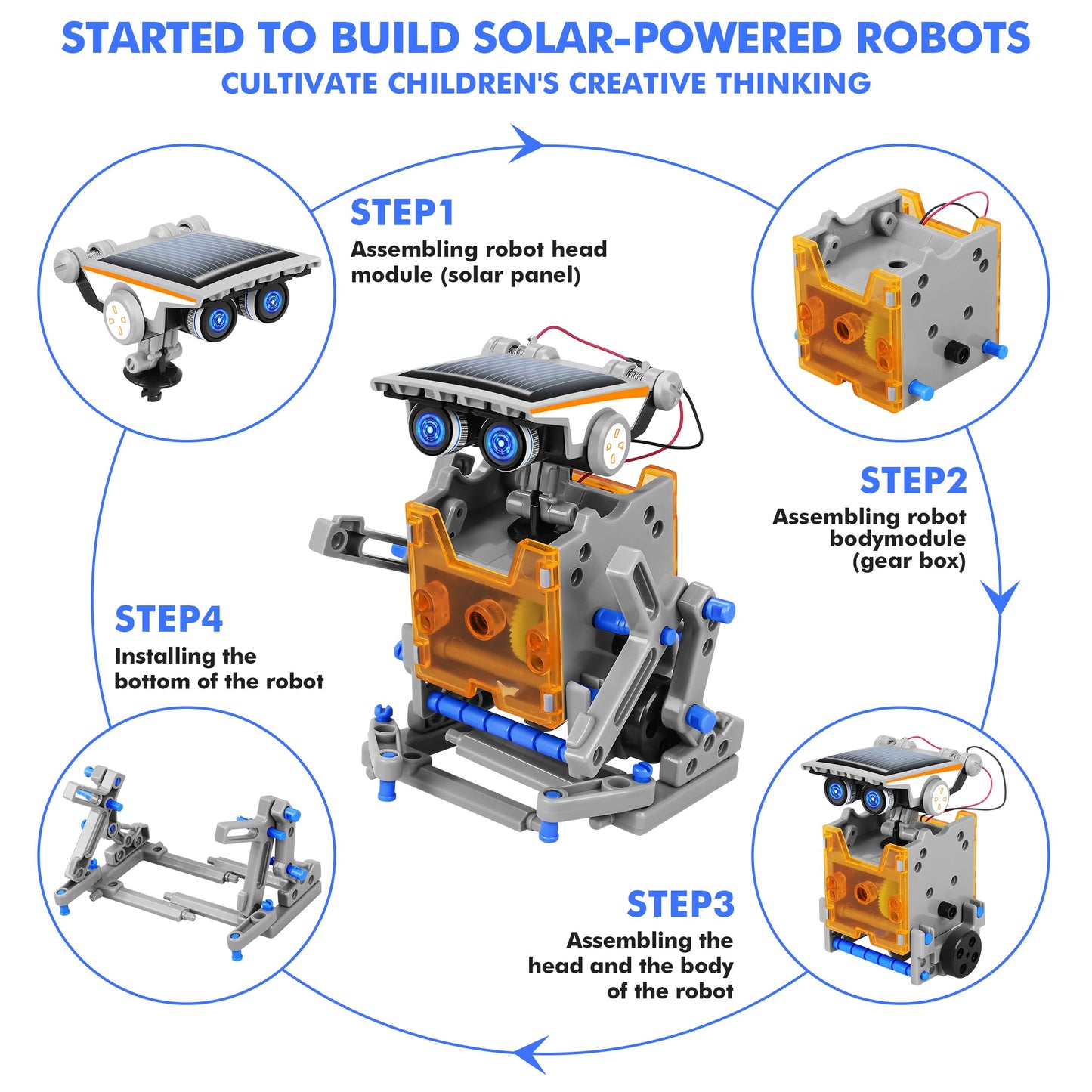 Assembled solar powered walker bot model moving under direct sunlight exposure