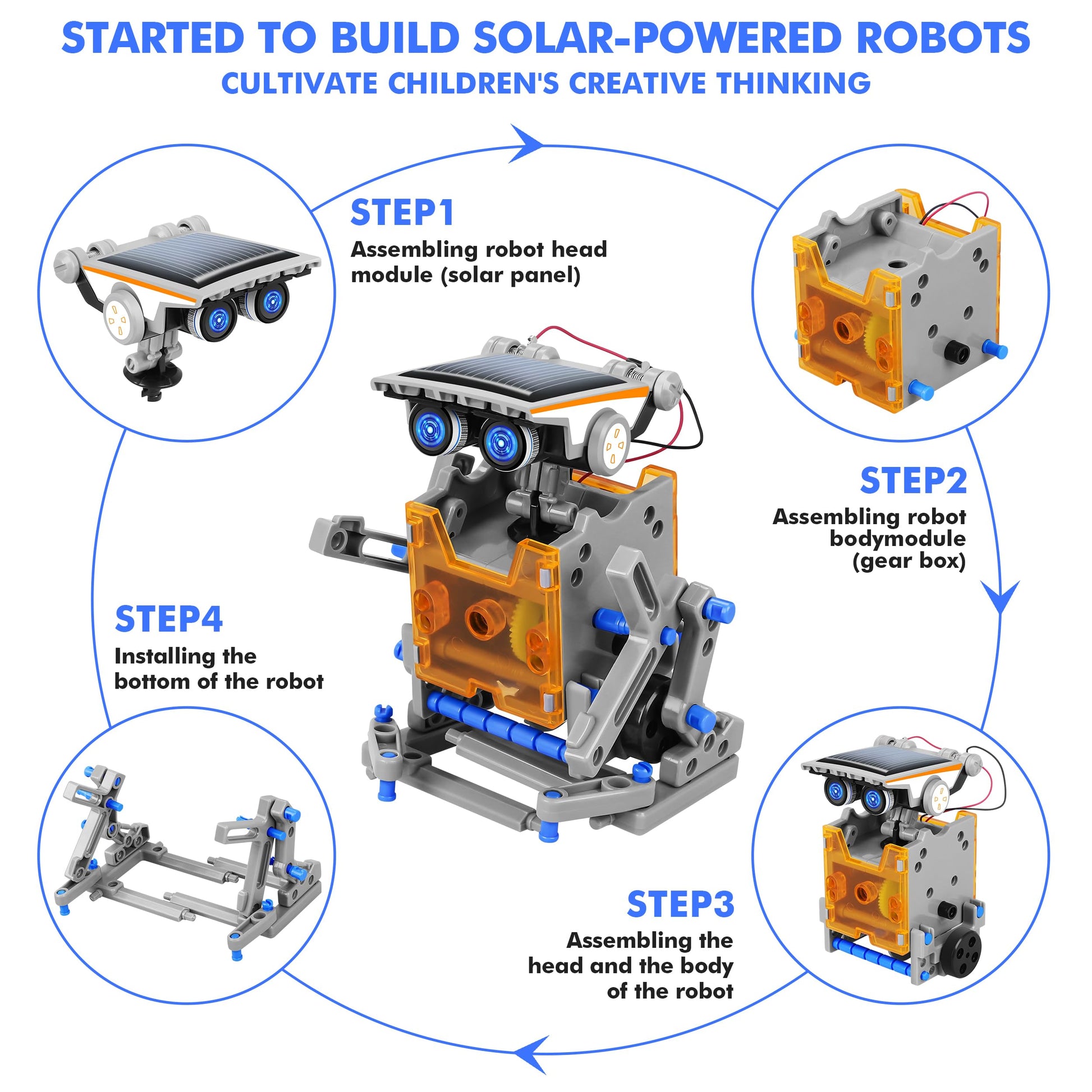 Assembled solar powered walker bot model moving under direct sunlight exposure