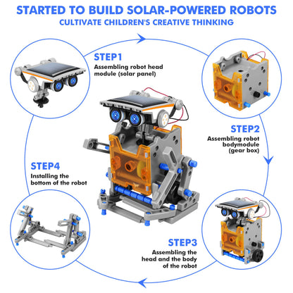 Assembled solar powered walker bot model moving under direct sunlight exposure