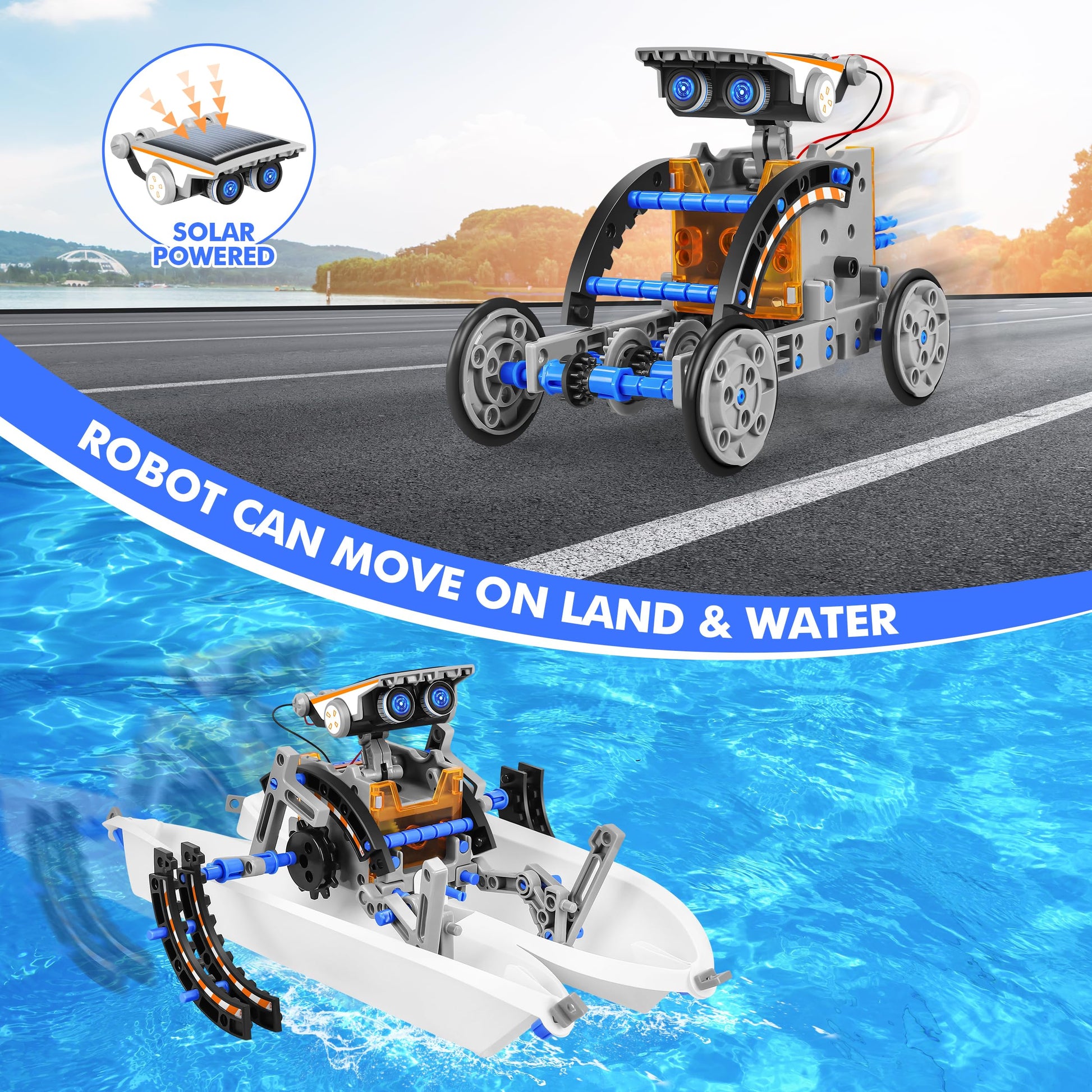 Water floating surf bot model demonstrating renewable energy functionality in a pool