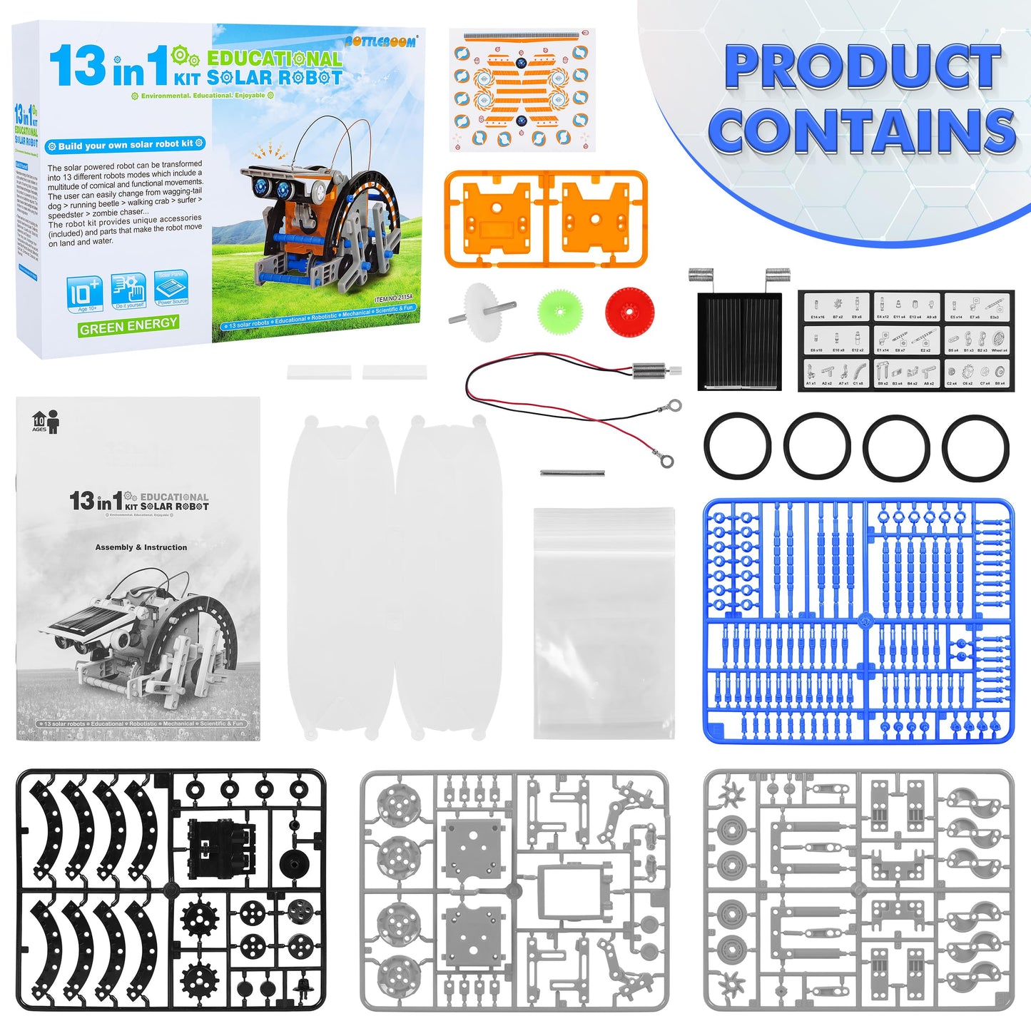 Thirteen different robot model diagrams printed on the educational science kit manual