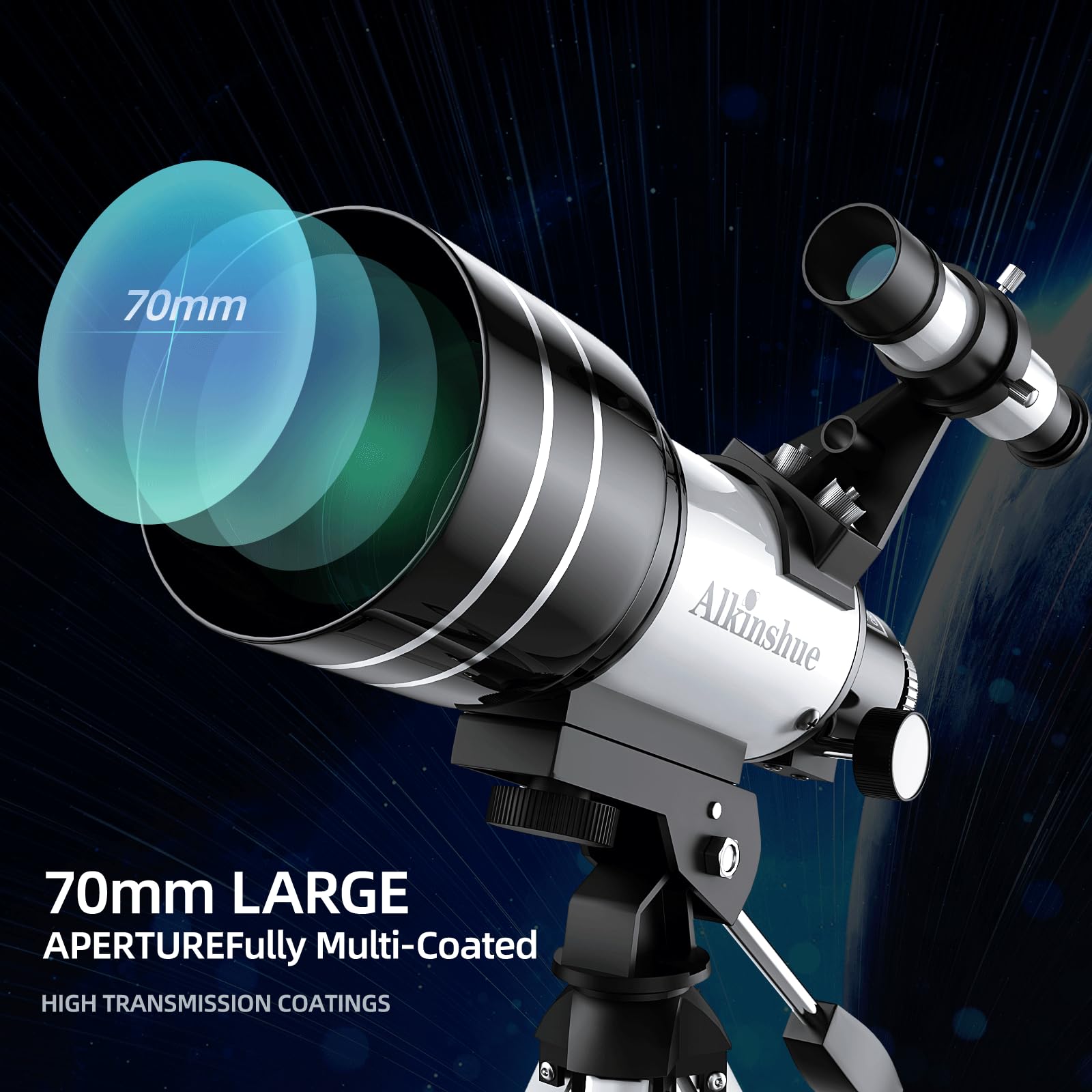 Side angle of the portable refractor telescope highlighting the focus wheel and attached diagonal mirror.