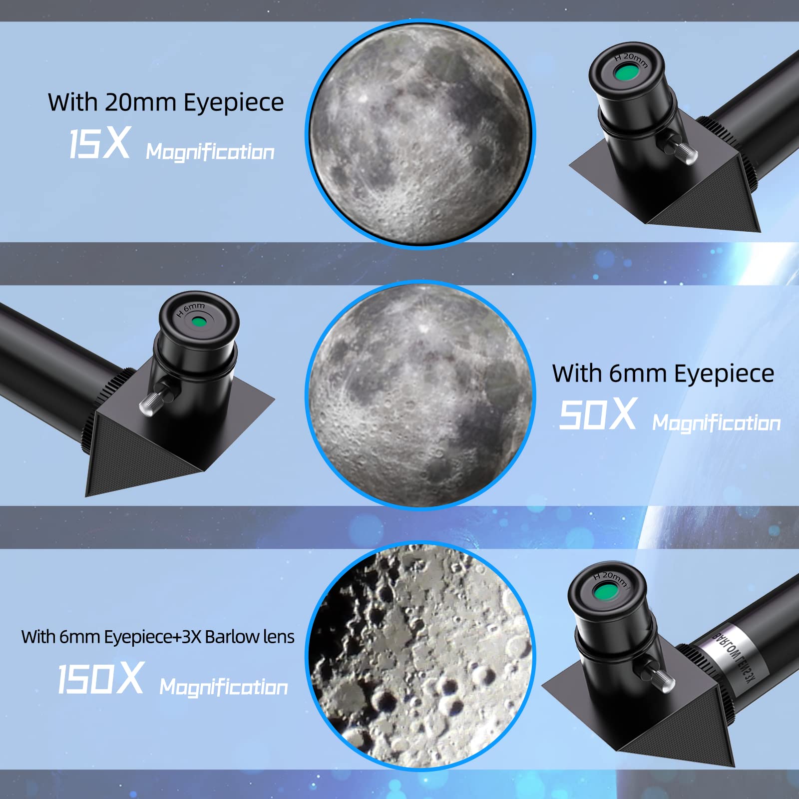 Close up view of the two interchangeable eyepieces and the one point five times Barlow lens included in the kit.