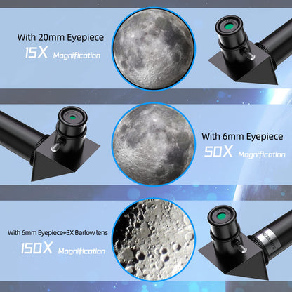Close up view of the two interchangeable eyepieces and the one point five times Barlow lens included in the kit.